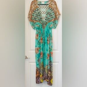 MARYAN MEHLHORN Maxi Viscose Vibrant Turquoise Multi w/ Gold Bead Tassels Sz L